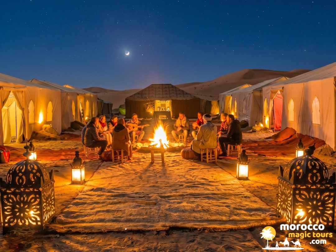 Enjoying a magical campfire under the stars during your 2-night desert experience, the most Morocco tours from Marrakech recommended