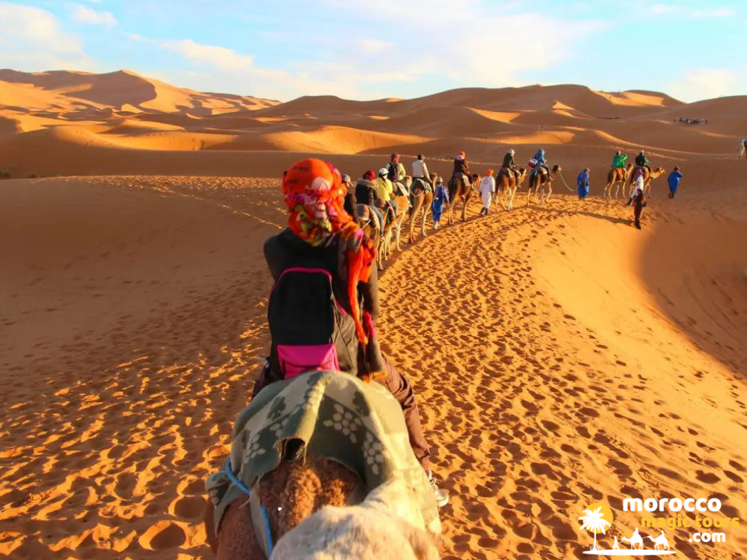 First-person perspective from the back of a camel within a trekking caravan moving over Sahara dunes during a Fes to Marrakech 5 days tour.