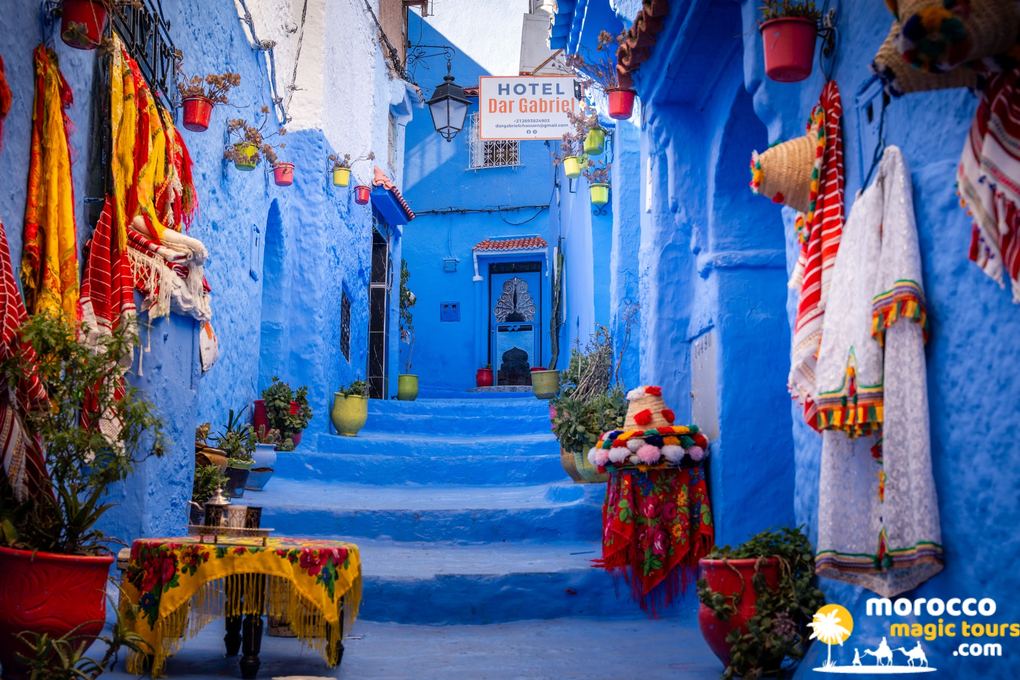 Vibriant blue-painted alleyway with colorful flower pots and traditional textiles in Chefchaouen on a 6 days tour from Tangier