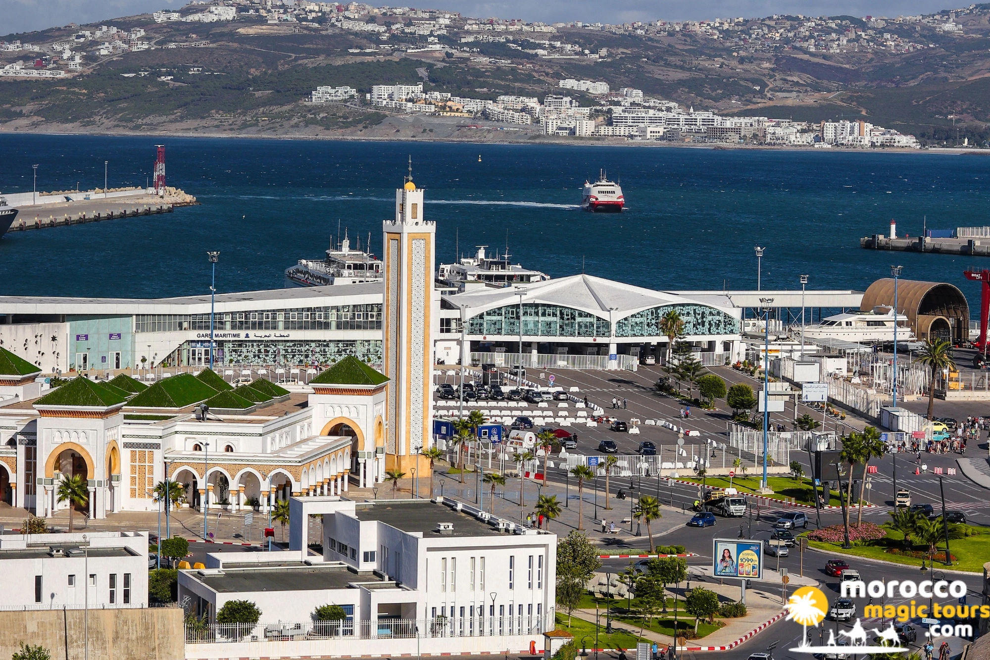 Panoramic view of the Port of Tangier, mosque minaret, and Mediterranean sea on a 6 days tour from Tangier