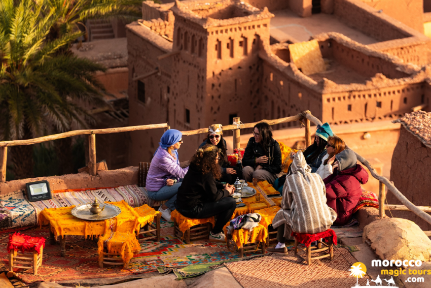 7 Days tour from Tangier – mint tea above Ait Ben Haddou kasbah