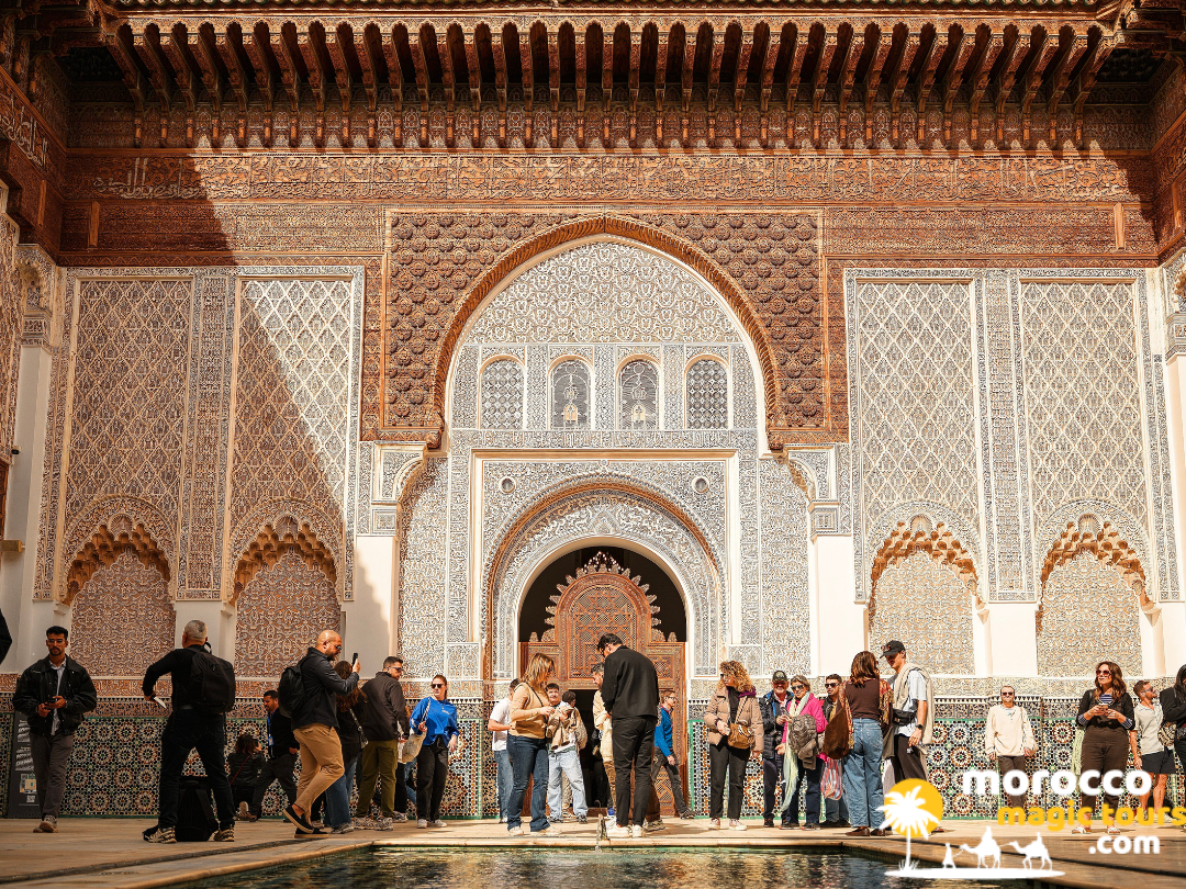 Intricate carved plaster and tile courtyard in Marrakech during 9 days in Morocco trip