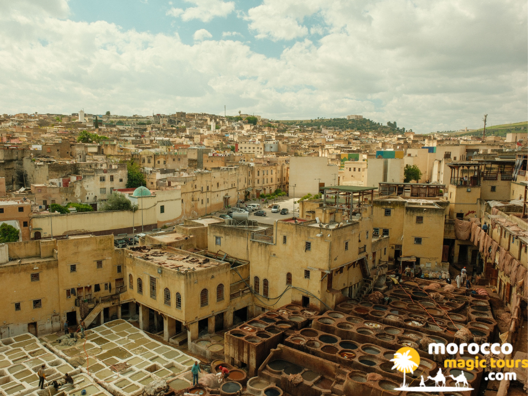 High view of leather dye vats at Chouara Tanneries Fez for 9 days in Morocco itinerary
