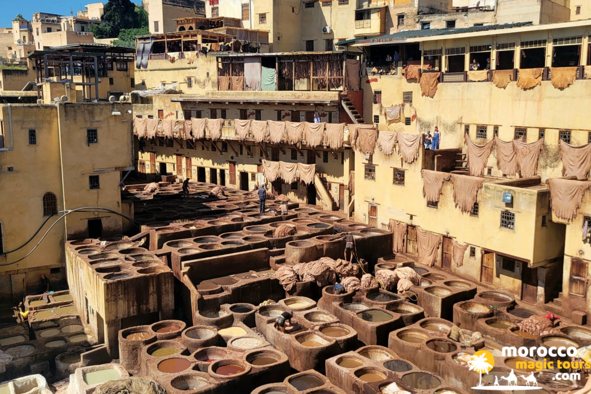 Traditional stone dye vats filled with colorful liquids at Chouara Tannery on a desert tour from Tangier