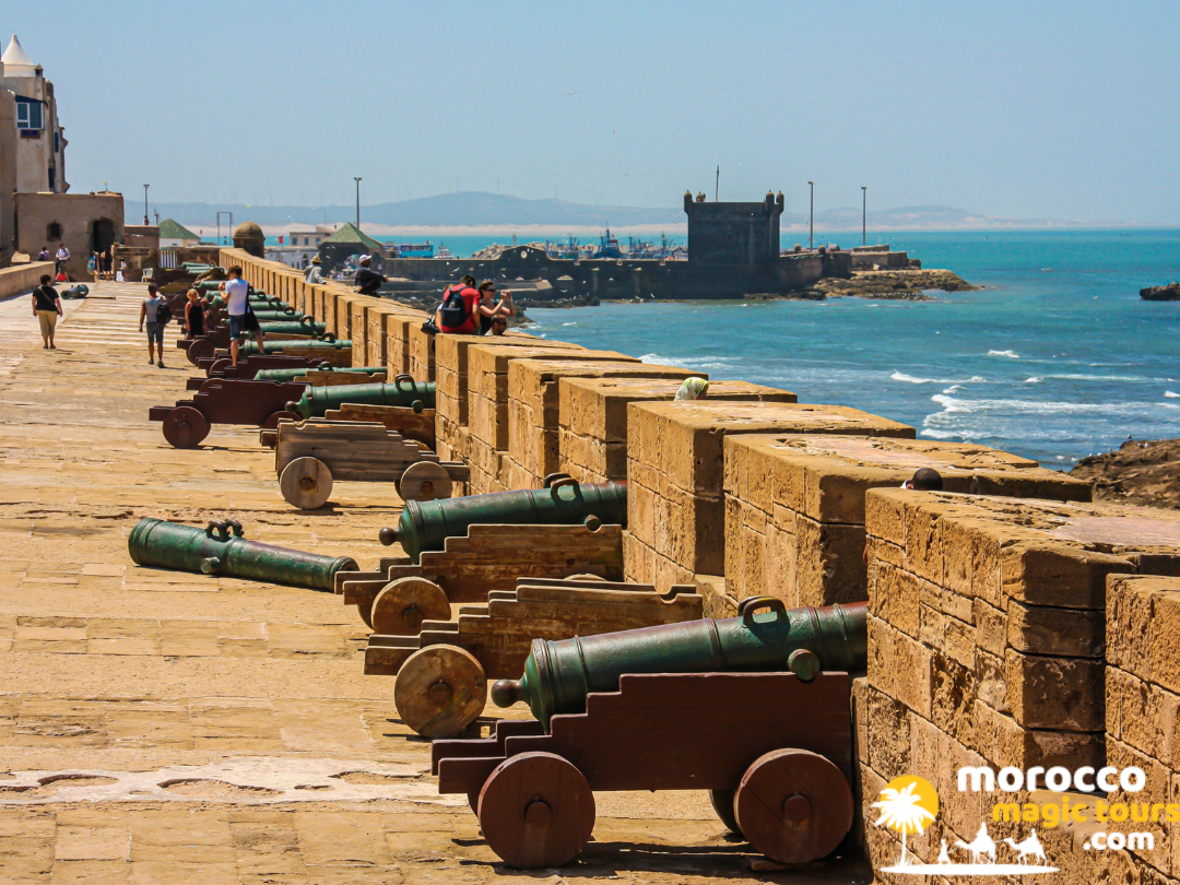 Historic brass cannons along ocean ramparts in Essaouira during 9 days in Morocco