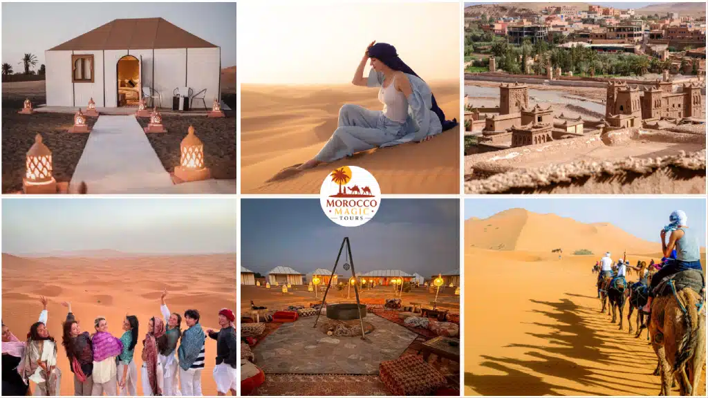 Fes Marrakech desert tour 4 days – luxury desert camp, Erg Chebbi dunes, and Ait Benhaddou kasbah