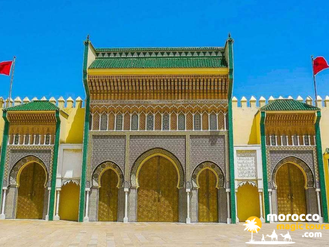 The magnificent golden brass gates of the Royal Palace Dar al-Makhzen in Fes, a highlight of a 10 day morocco tour from casablanca.