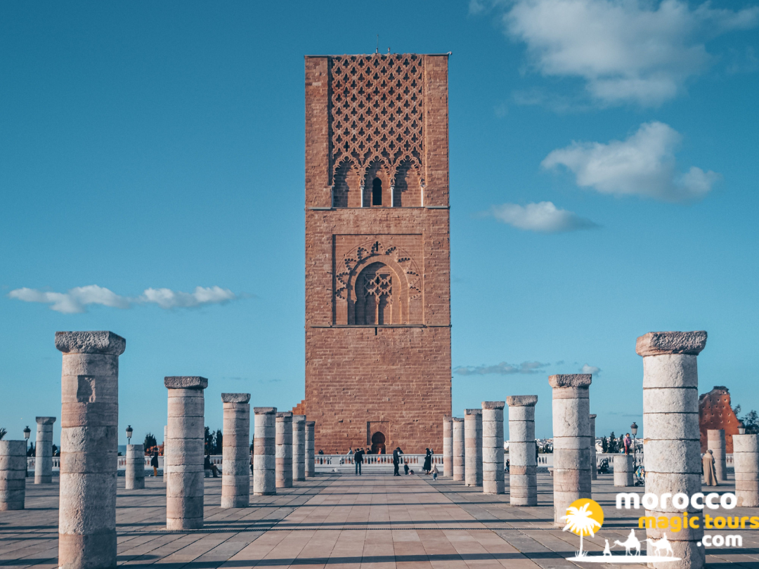 Historic stone Hassan Tower and stone columns in Rabat during 9 day morocco itinerary