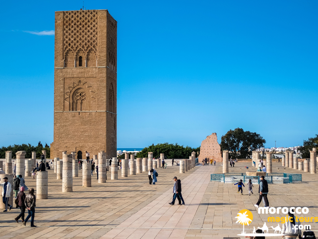 The grand historical Hassan Tower and stone pillars in Rabat, included in a 10 day morocco itinerary from casablanca.