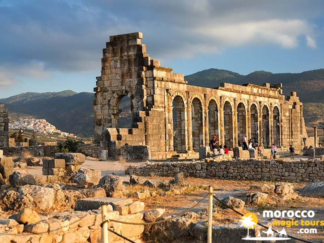 Detailed stone columns and ancient ruins of the Basilica at Volubilis, part of a 10 day itinerary morocco.