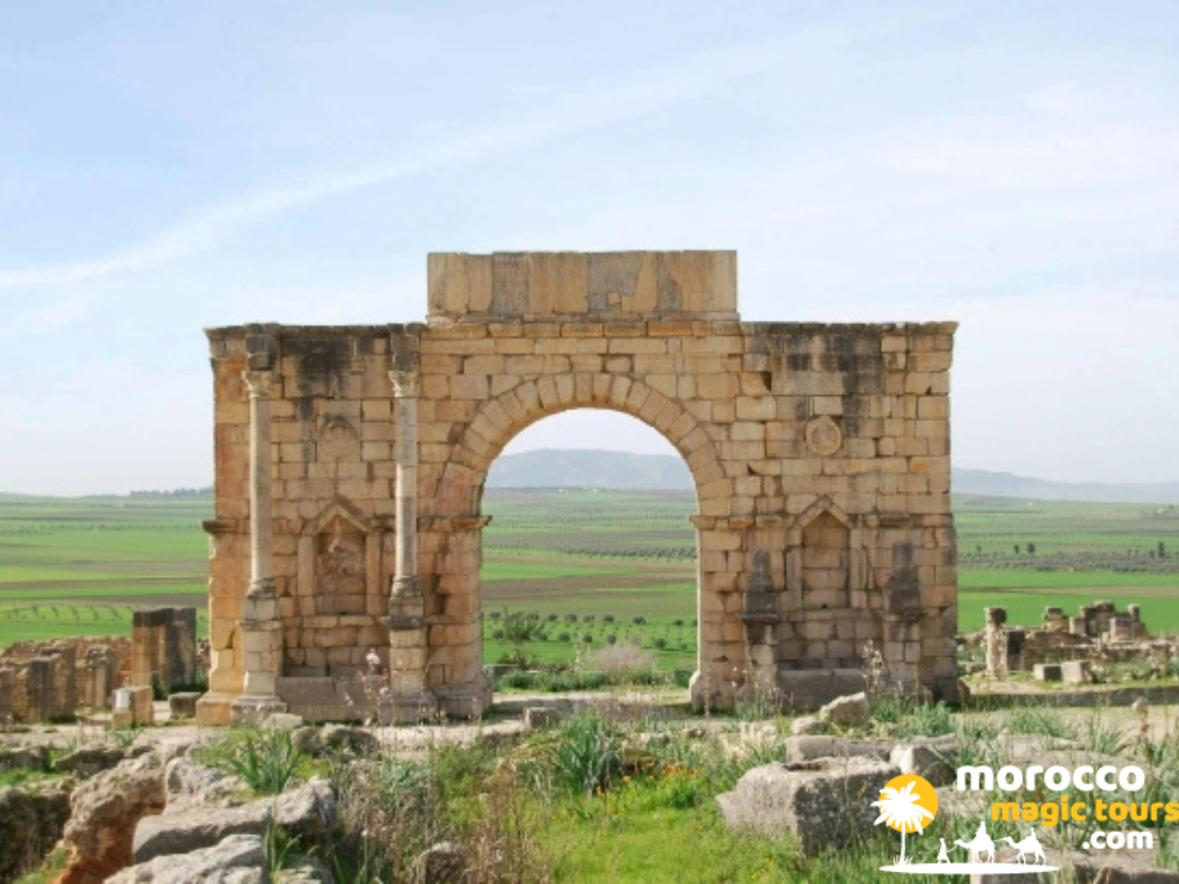 The ancient Roman triumphal arch standing amidst the green plains of Volubilis on a morocco tour 10 days itinerary.