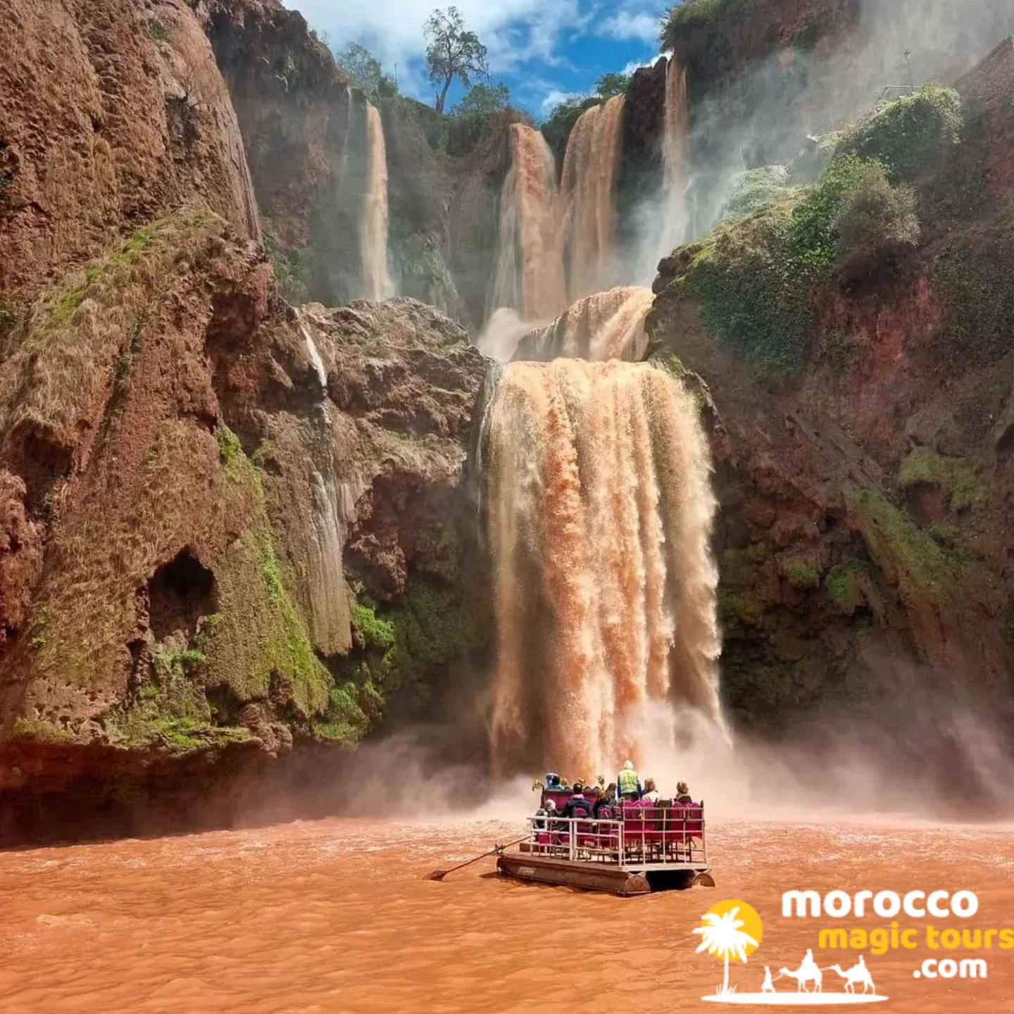 Boat ride at the base of the falls during an Ouzoud Waterfalls tour