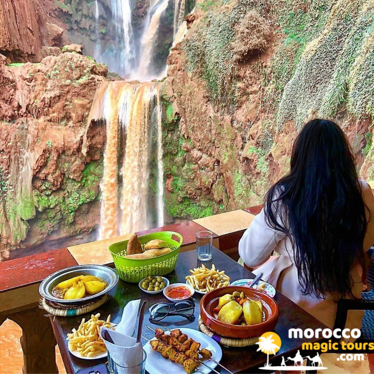 Riverside lunch overlooking the cascades on the Ouzoud Waterfalls tour
