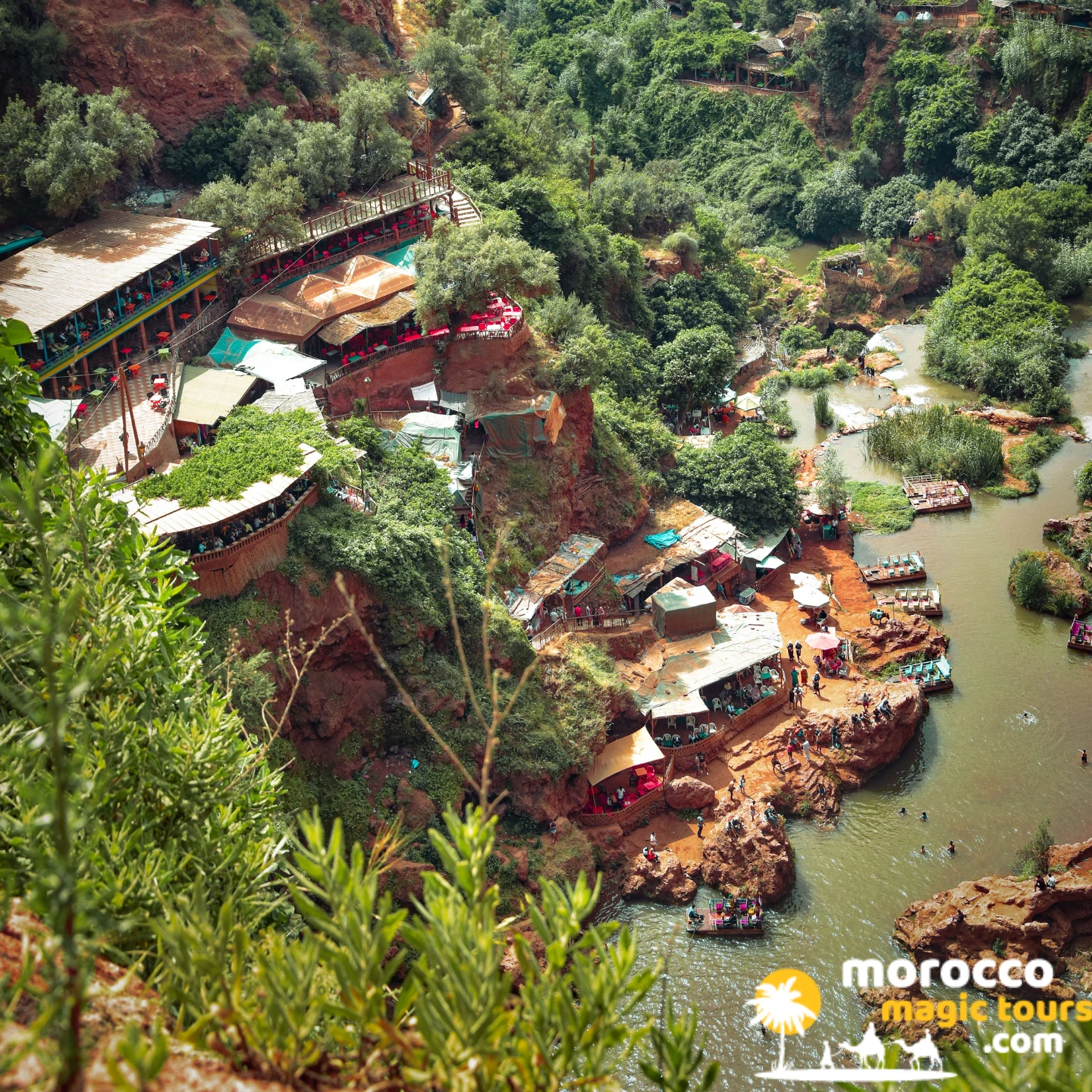 Aerial view of the village and river on the Ouzoud Waterfalls tour