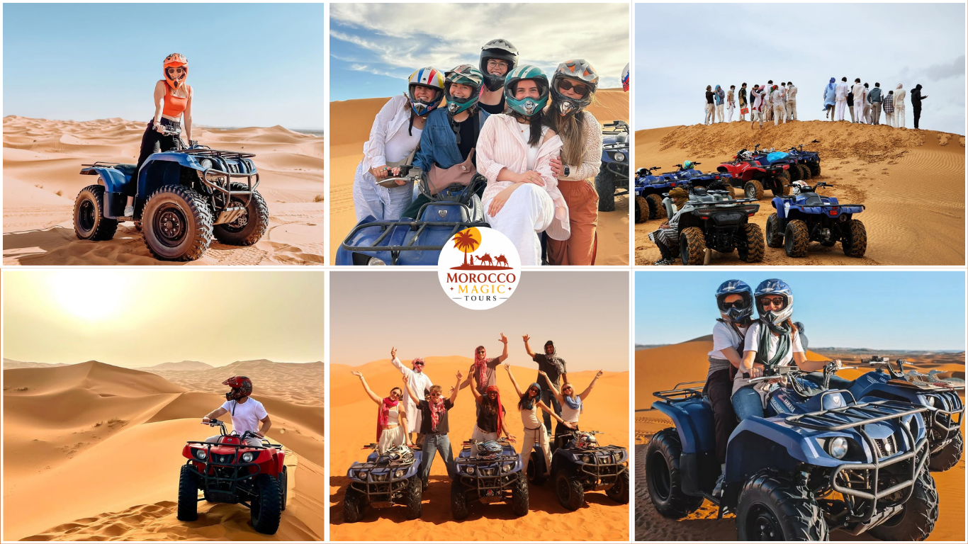 Merzouga quad biking group riding ATVs across Erg Chebbi sand dunes