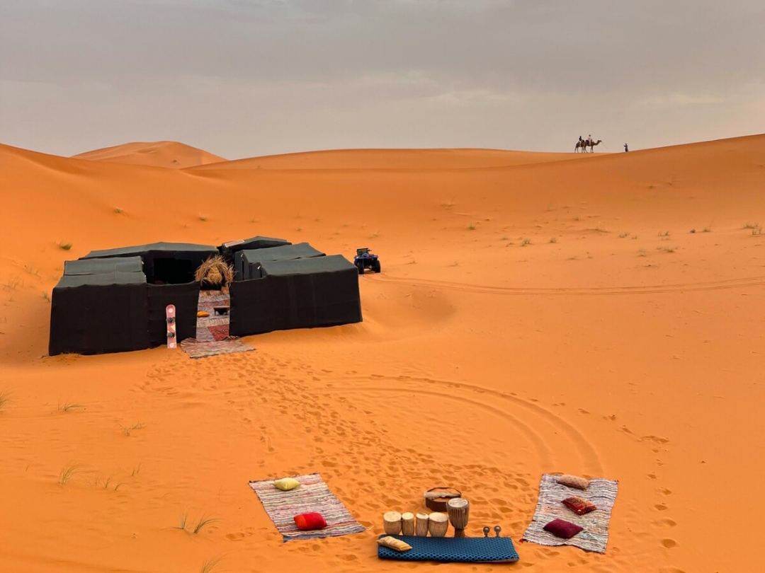 Standard desert camp with traditional Berber tent and drums after a camel ride in Merzouga desert