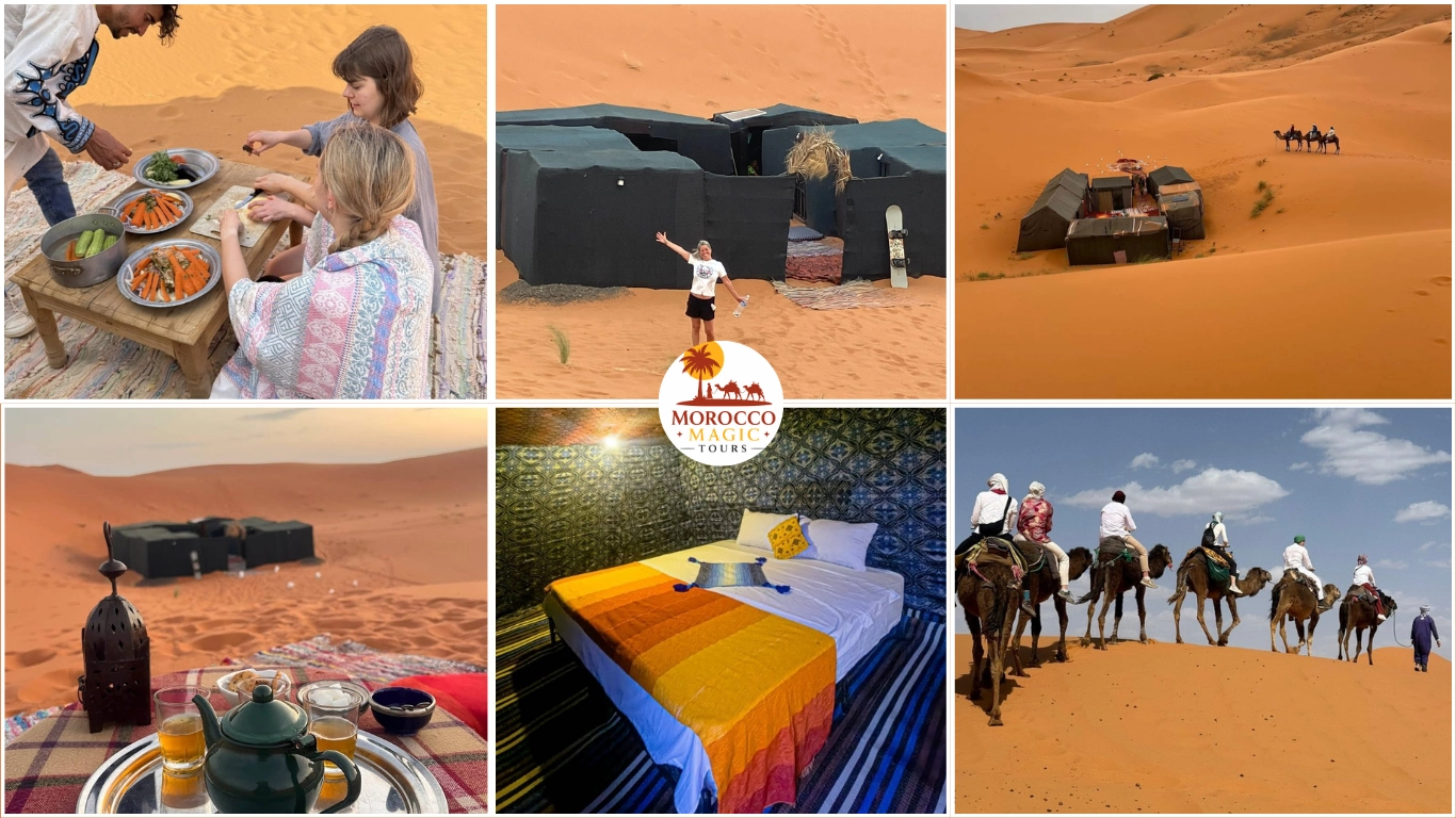 Overnight Merzouga desert camp tents at sunset with camels in the Sahara Desert Morocco