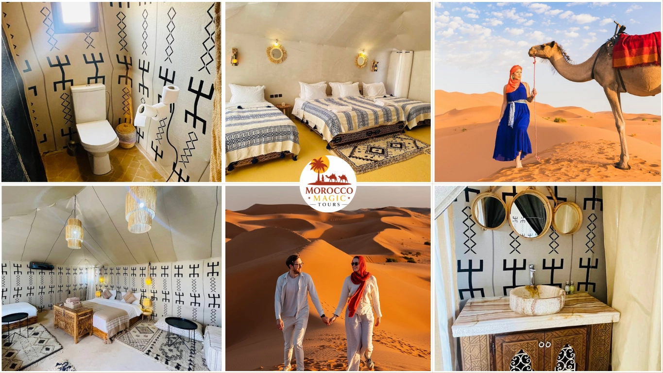 Merzouga luxury camp private tent, camel trek and desert dining in Erg Chebbi, one of the best Merzouga activities in the Morocco desert