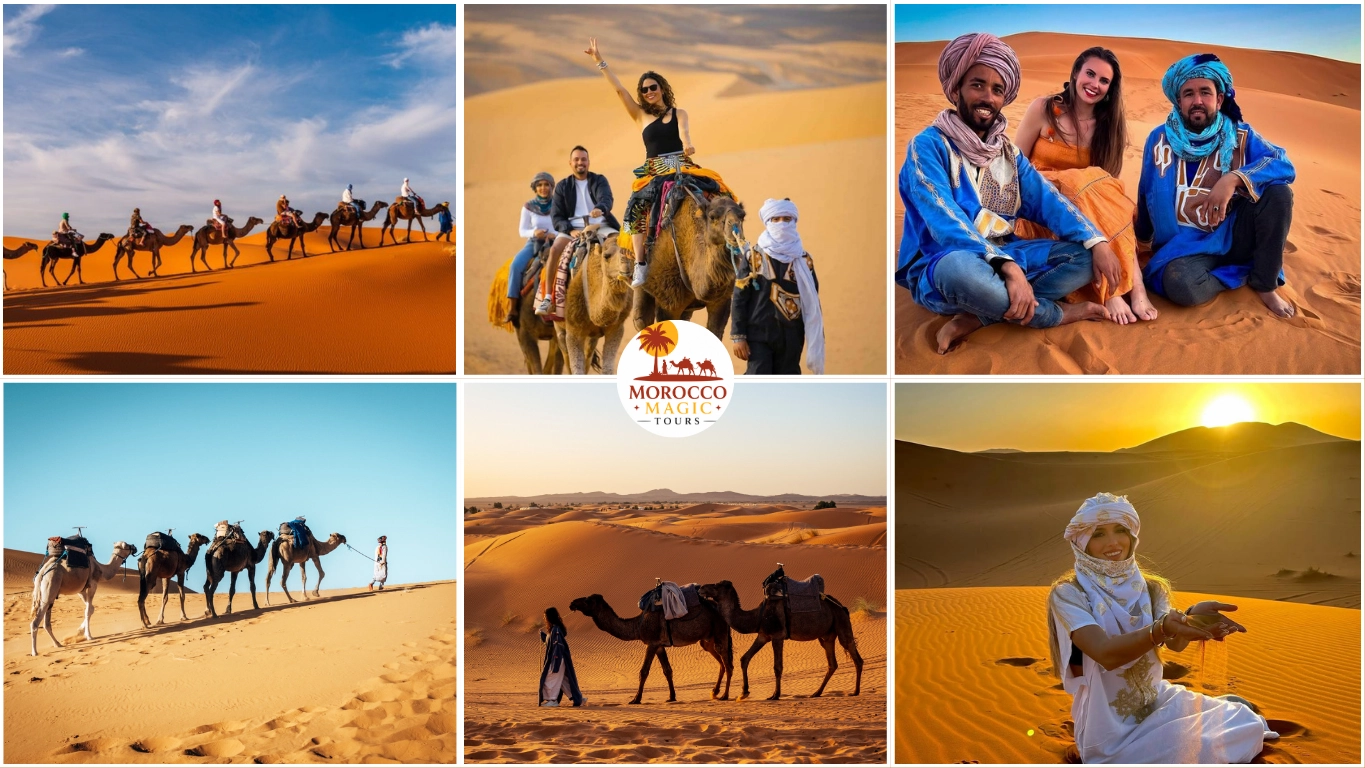 Camel ride Merzouga gallery showing sunset treks, Berber guides, and desert caravans in Erg Chebbi with Morocco Magic Tours